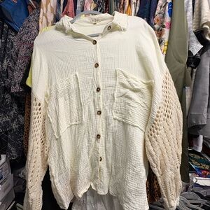 POL Cream Button-Front Textured Shirt with Crochet Sleeves
